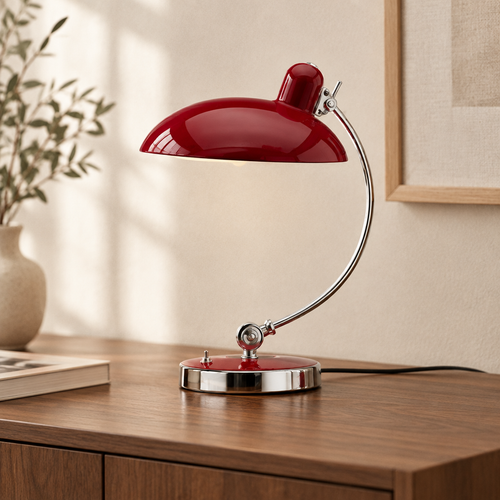 Red metal Arc Shade lamp with chrome pivot details and a visible black cord on a wooden console