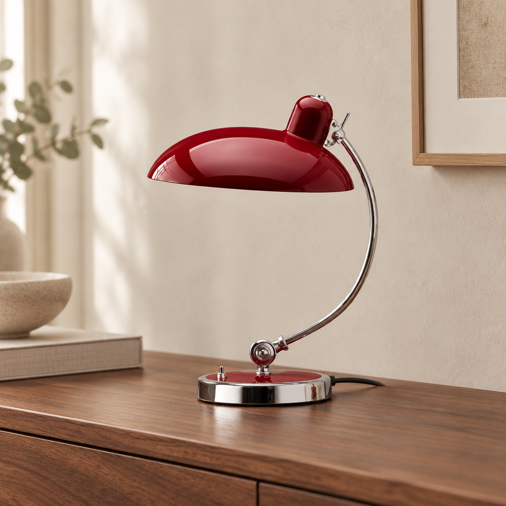 Glossy deep-red Arc Shade Table Lamp on a walnut cabinet in a warm neutral interior
