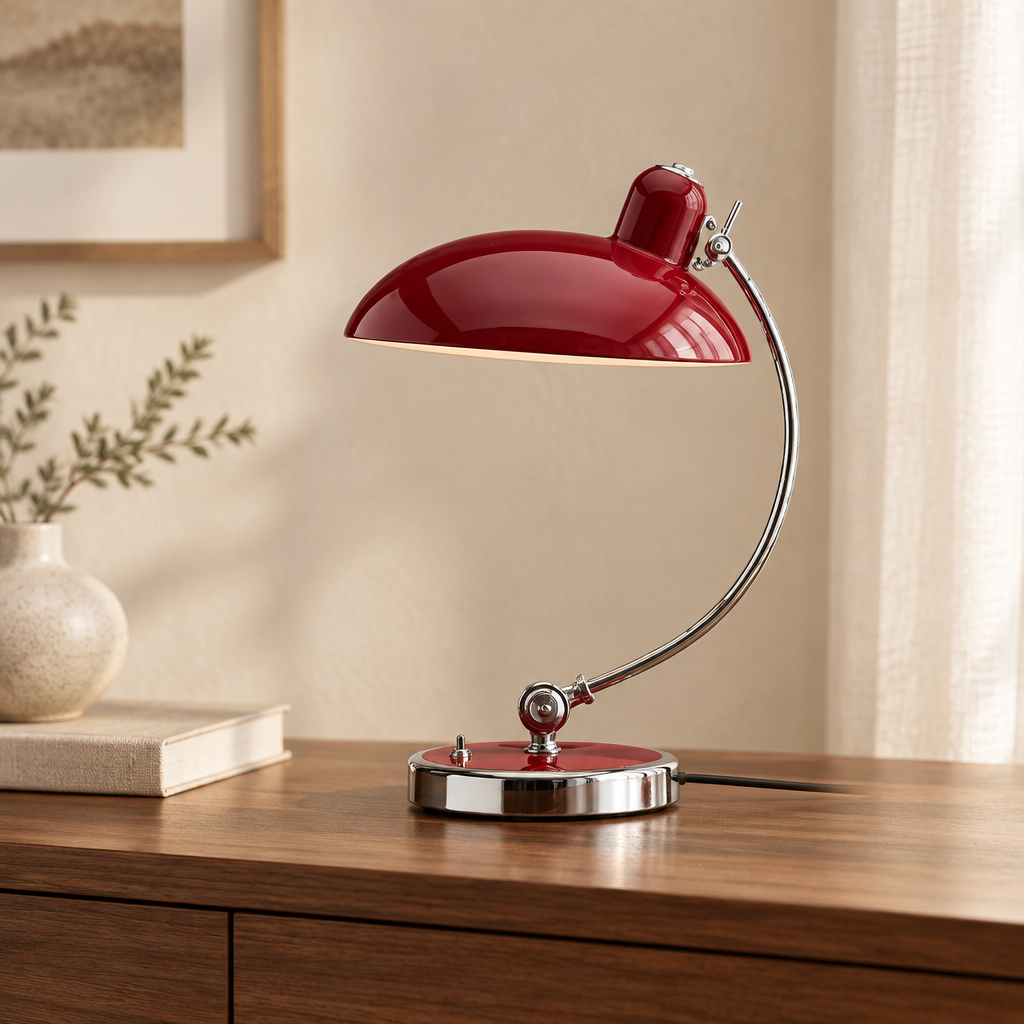 Small red Arc Shade Table Lamp with a curved chrome stem and round base on a walnut sideboard
