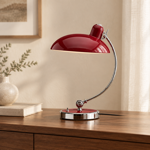 Small red Arc Shade Table Lamp with a curved chrome stem and round base on a walnut sideboard
