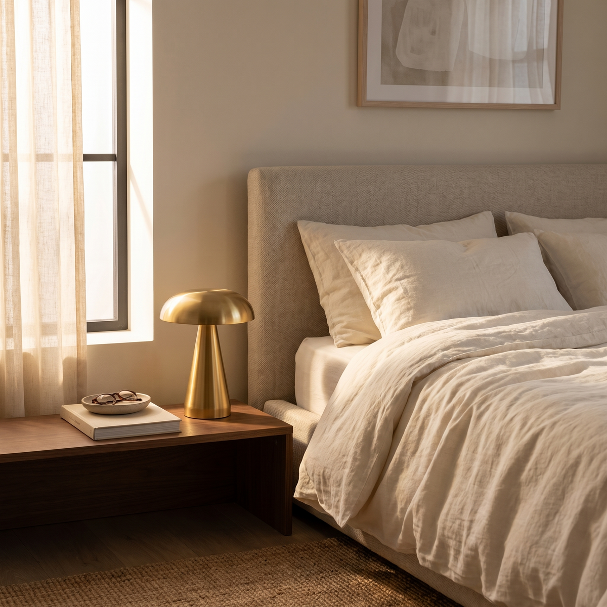 Gold cordless mushroom lamp on a walnut bedside table beside a cream linen bed