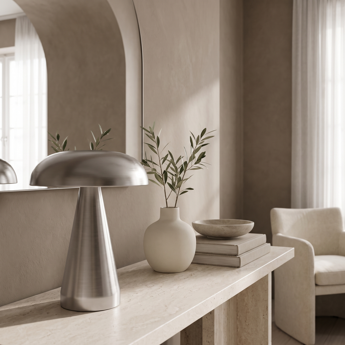 Silver cordless mushroom lamp styled on a travertine console with a mirror and ceramic vase