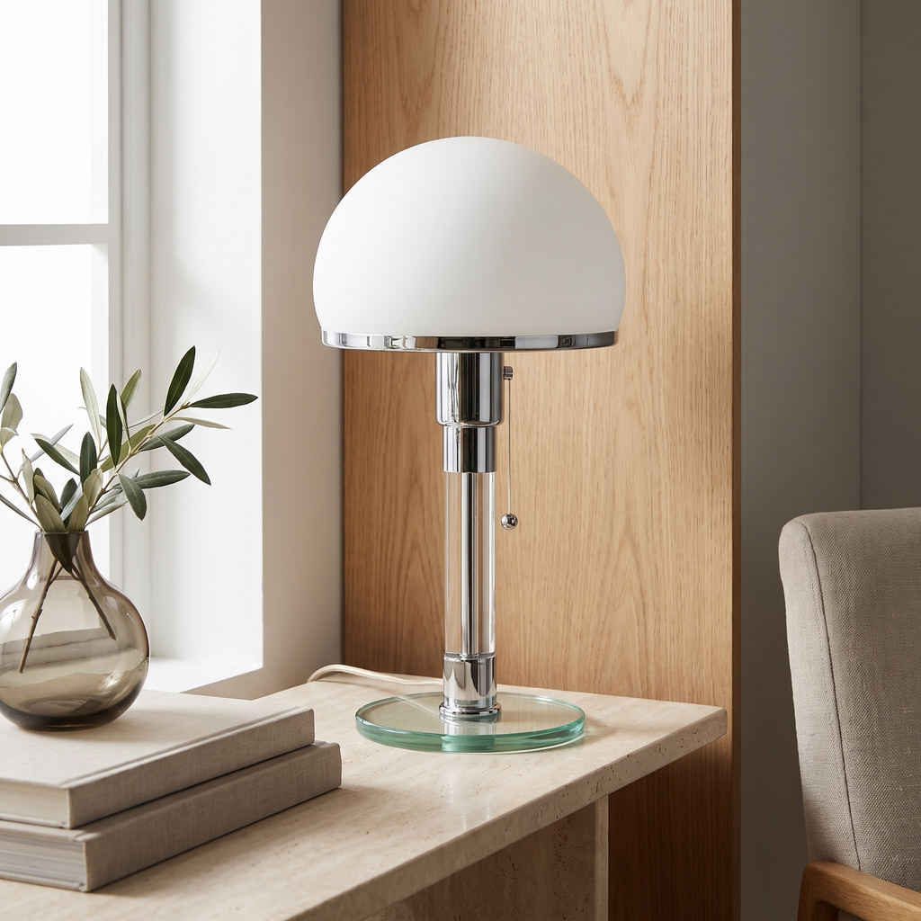 Opal glass dome table lamp with chrome details on a stone console