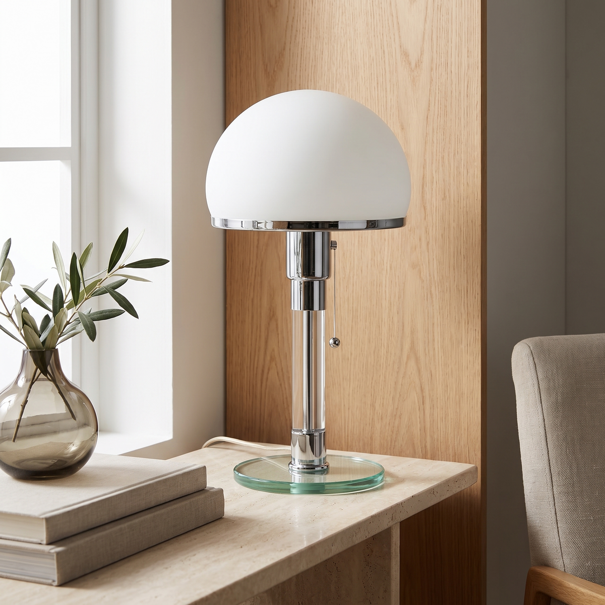 Opal glass dome table lamp with chrome details on a stone console