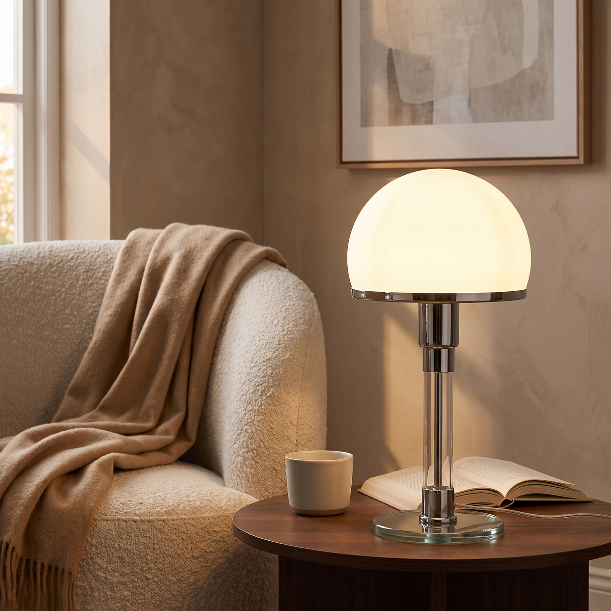Opal glass dome table lamp glowing beside an armchair