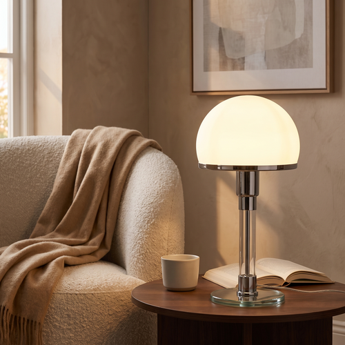 Opal glass dome table lamp glowing beside an armchair