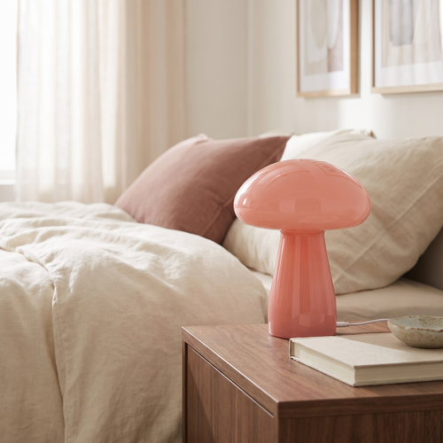 Pink glass mushroom lamp on a walnut bedside table