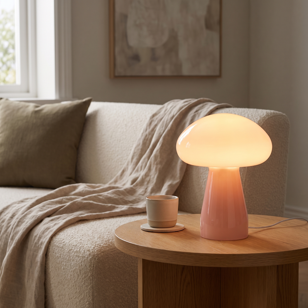 Pink glass mushroom lamp glowing on a living-room side table