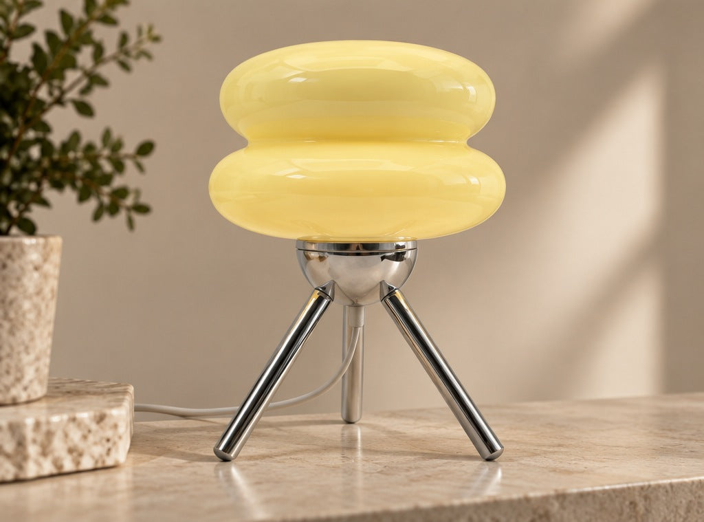 Detail of the Ripple lamp's cream-yellow double-rounded glass shade and chrome tripod base