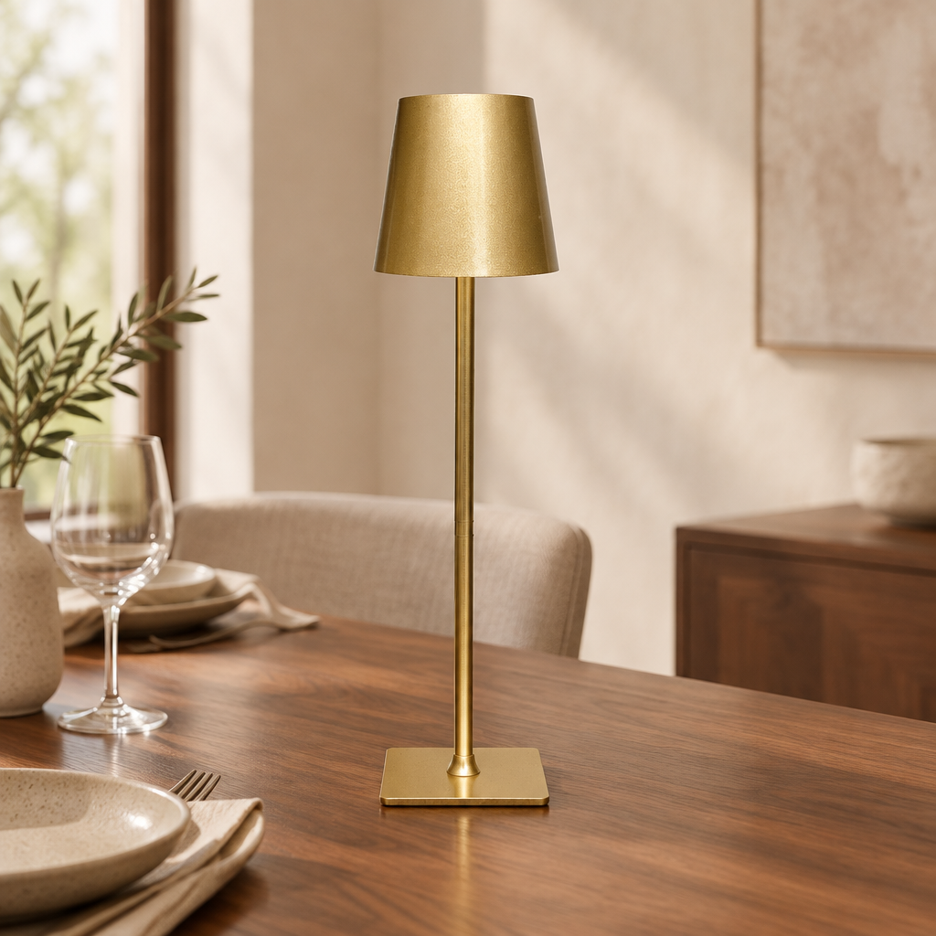 Square-base gold metal table lamp styled on walnut with warm daylight and cream dining chairs