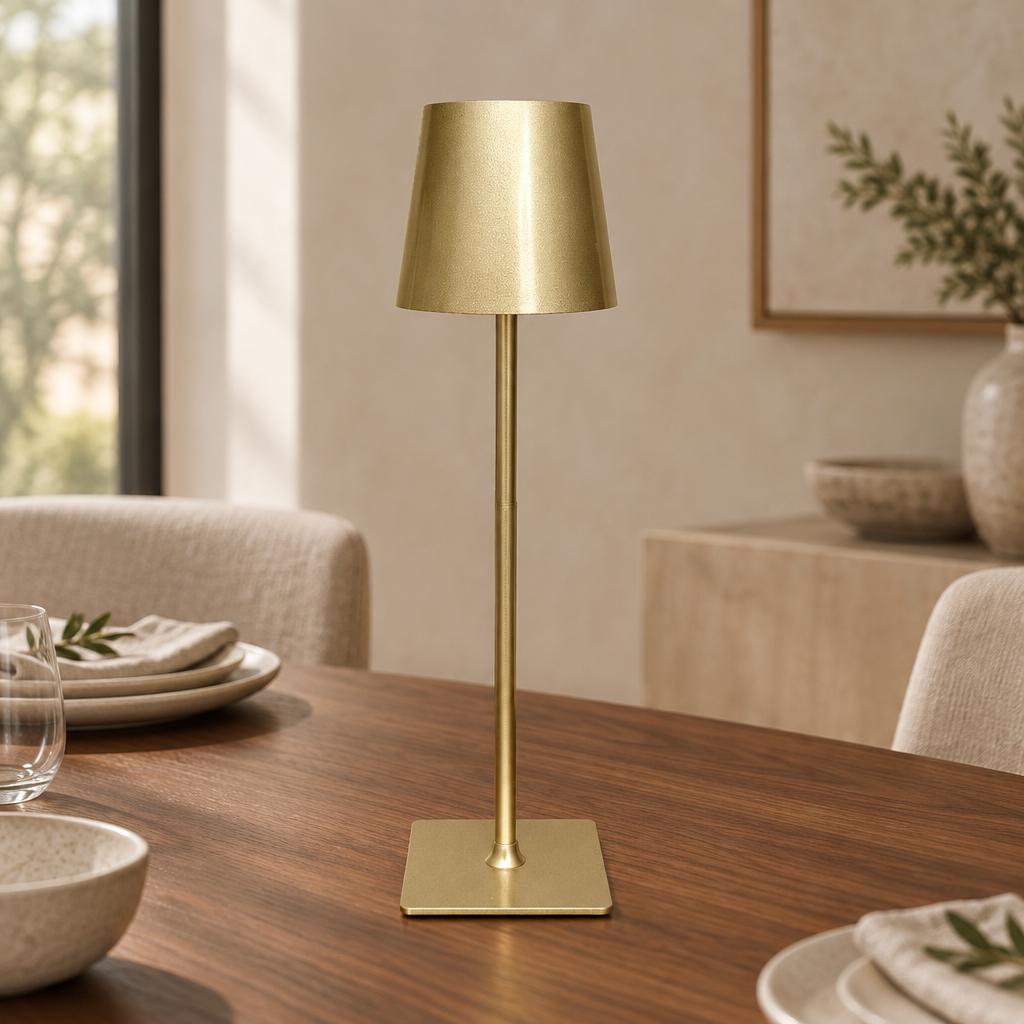 Gold Square Base Cordless Table Lamp on a walnut dining table with neutral table settings
