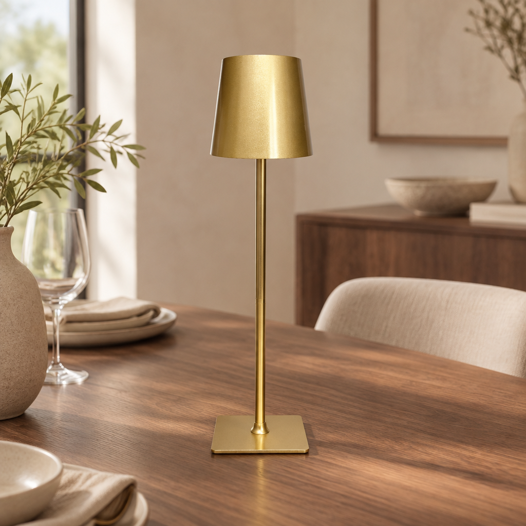 Gold cordless lamp with a tapered metal shade and slim stem in a light-filled dining room